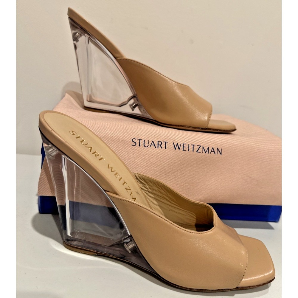 Stuart Weitzman Size 8.5B Tia 100 Lucite Wedge Sandals Adobe Smooth Calf Leather